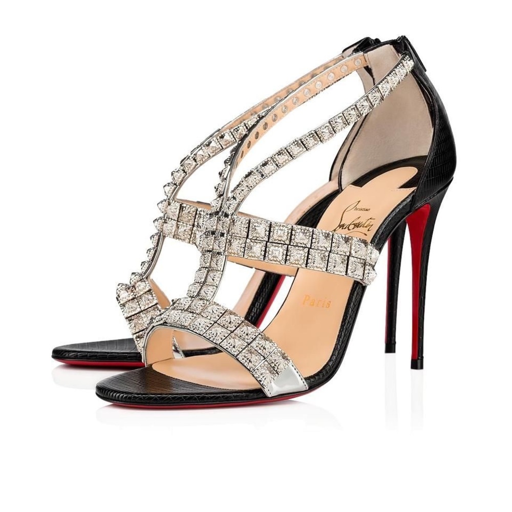 Black Diwali 100 Silver Studded Ankle Strap Stiletto Heel Pumps.